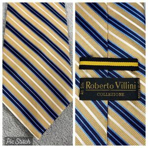 Roberto Villini Collezione 100% Silk Gold Blue‎ White Striped  Tie Vtg Hand Made